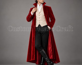 Men’s Red Velvet Long Coat | Victorian Gothic Frock Coat | Regency Formal Jacket | Steampunk Wedding Costume | Halloween Costume