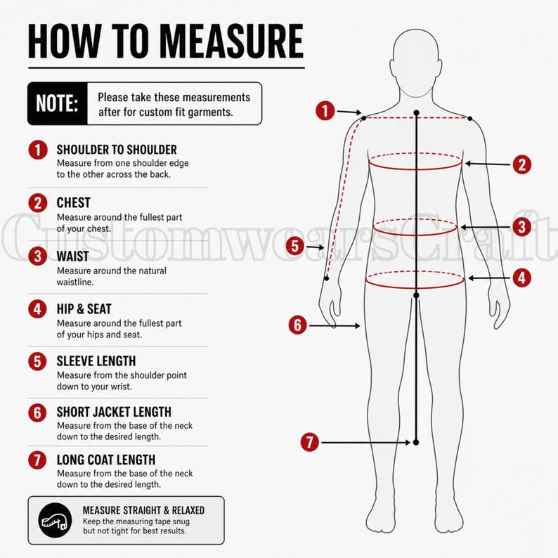 May include: Diagram illustrating how to measure for custom fit garments. The image includes a human figure with numbered measurement points for shoulder, chest, waist, hip, sleeve, and jacket length. Text instructions are also provided.