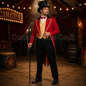 May include: A ringmaster costume featuring a red tailcoat with gold trim, a gold waistcoat, a white shirt with a red bow tie, black trousers, and a black top hat. The ensemble is completed by a black walking cane held in one hand.