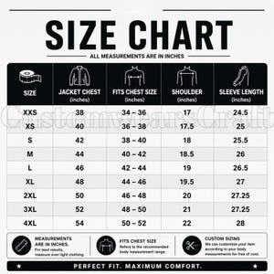 May include: A size chart for jackets, with measurements in inches. The chart includes sizes from XXS to 4XL, detailing jacket chest, fit chest size, shoulder, and sleeve length measurements. The text "PERFECT FIT. MAXIMUM COMFORT." is at the bottom.