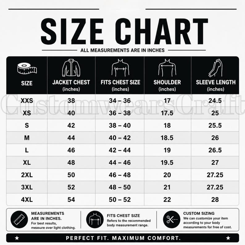 May include: A size chart for jackets, with measurements in inches. The chart includes sizes from XXS to 4XL, detailing jacket chest, fit chest size, shoulder, and sleeve length measurements. The text "PERFECT FIT. MAXIMUM COMFORT." is at the bottom.