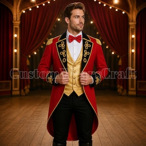Handmade Red Wool Tailcoat – Moulin Rouge Ringmaster Tuxedo for Men | Victorian Circus Master of Ceremonies Jacket | Cabaret Wedding Costume