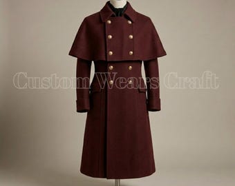 Men's Burgundy Wool Cloak Coat | Victorian Double Breasted Cape Overcoat | Formal Winter Coat | Vintage Gothic Steampunk Long Coat
