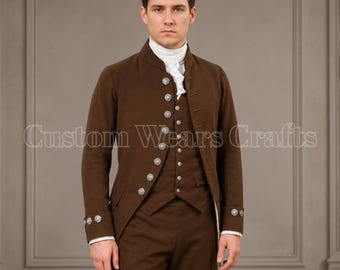 Georgische slipjas heren | Bruine rococo-jas 18e-eeuws Aristocrat-jasje | Koloniaal re-enactmentkostuum | Trouwkleding