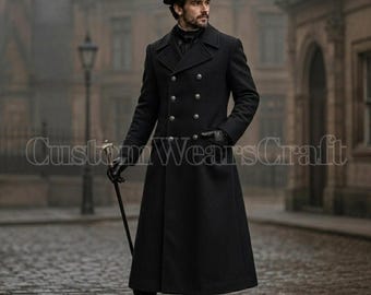 Victorian Black Wool Greatcoat for Men | 19th Century Regency Frock Coat | Gothic Steampunk Overcoat | Historical Walking Coat