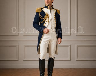 ナポレオン時代の将校用軍服コスチューム｜フランス帝国海軍ブルーゴールドのドレスコート｜ベスト＆ブリーチ（歴史再現用）