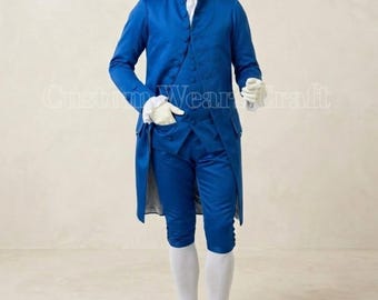18世紀後半の英国ロイヤルブルーウールスーツ｜1770年代ジョージアンテールコート、ウエストコート、ブリーチ｜歴史再現衣装