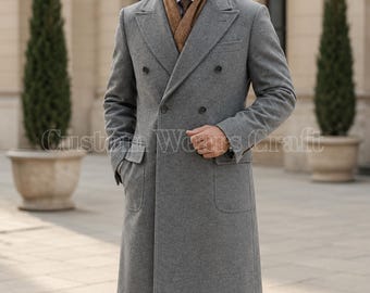 Men's Grey Wool Overcoat | Double Breasted Winter Coat | Classic Long Peacoat | Formal Business Overcoat | Custom Tailored