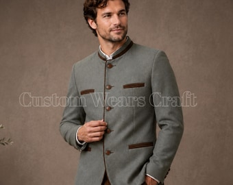 Mens Bavarian Trachten Jacket Grey Loden Coat | Traditional Tyrolean Oktoberfest Jacket | German Alpine Hunting Blazer