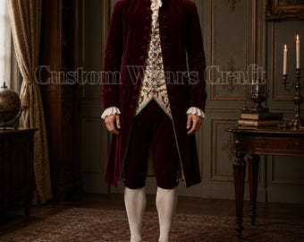 Georgisch fluwelen kostuum uit de jaren 1770 voor heren | Bourgondische koloniale jas en geborduurd vest | Rococo-aristocraatkostuum | Historische re-enactmentoutfit