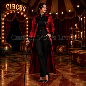 Women’s Red Ringmaster Tailcoat Suit | Gothic Circus Costume | Victorian Steampunk Halloween Outfit | Custom Made