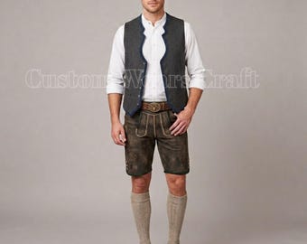 Men's Bavarian Lederhosen Outfit | Oktoberfest Costume Set | Traditional German Trachten Shorts | Vest & Shirt | Beer Festival Wear
