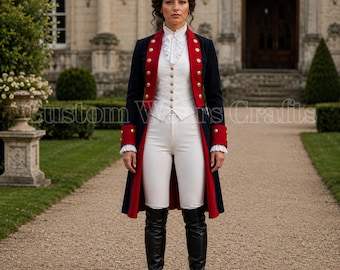 Revolutionair oorlogsofficier-uniform voor dames | Koloniaal militair rokkostuum | 18e-eeuwse historische re-enactmentoutfit