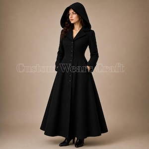 May include: A floor-length black coat featuring a hood, long sleeves, and a fitted bodice that flares into a full skirt. The garment includes a vertical row of small black buttons down the front and two side pockets. The text Custom Wears Craft is visible.