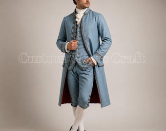 18e-eeuwse blauwe japon met geborduurde bies voor heren | Koloniaal aristocraatkostuum | Georgische regentschapsoutfit | Historische re-enactmentkleding