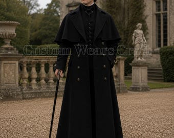 Men's Black Victorian Greatcoat | Gothic Wool Overcoat | Inverness Cape Coat | Steampunk Long Coat | Historical Winter Coat Handmade Coat