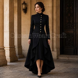 May include: A long black dress with a high collar and long sleeves. The dress features gold buttons down the front and a high-low hemline. The text "Custom Wears Craft" is visible on the image.