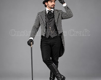 Men’s Black & White Striped Tailcoat | Victorian Gothic Showman Coat | Steampunk Ringmaster Jacket | Halloween Cosplay Costume | Custom Made