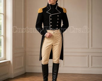 Napoleonic Officer Tailcoat Black Military Coat Men | Regency Historical Uniform Jacket | Gold Epaulettes Reenactment Costume