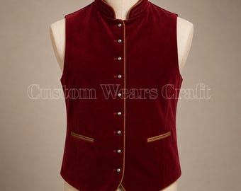 Mens Burgundy Velvet Bavarian Vest | Traditional Trachten Waistcoat | Oktoberfest Loden Gilet | German Austrian Alpine Formal Vest