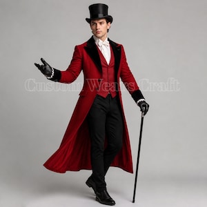 May include: A red long coat with black velvet lapels and cuffs, a red waistcoat, a white shirt with ruffled cuffs, black trousers, black gloves, and a black top hat. A black cane is held in one hand. The text Custom Wears Craft is visible.