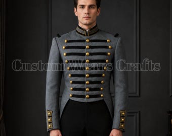 Rokjas nationale garde uit 1838 | Veldgrijs militair uniform | Historische wollen re-enactmentjas