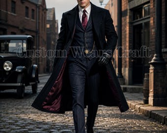 Zwarte vintage lange jas voor heren | Overjas in Peaky-stijl | Herron Mantel klassieke formele trenchcoat elegante herenkleding