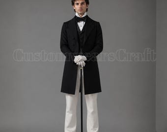 Victoriaanse zwarte geklede jaskostuum jaren 1850 | Gotische formele slipjas en witte broek | Historische herenoutfit