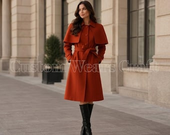Women's Burnt Orange Wool Cape Coat | Belted Midi Winter Overcoat | Elegant Double Layer Cape Jacket | Custom Tailored Coat