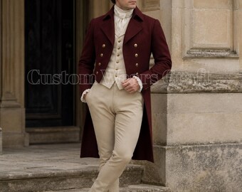 Men's Burgundy Regency Tailcoat Outfit | Mr. Darcy Pride and Prejudice Wool Coat | Jane Austen Historical Costume Vest & Breeches Set