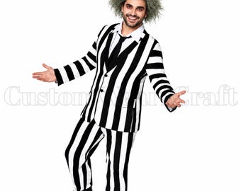 Beetlejuice Inspired Men’s Striped Suit Costume | Adult Halloween Gothic Cosplay Outfit Black White Fancy Dress | Halloween party outfit