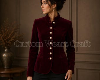 Bordeauxrode fluwelen beierse jas dames | Blazer met mandarijnkraag | Jas met parelknopen | Equestrian Regency-jas