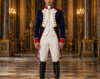 Peut inclure: Un costume historique comprenant une veste bleu marine avec des bordures rouges et des boutons dorés, un gilet blanc, un pantalon blanc et des bottes noires montantes. La tenue rappelle l'attirail militaire d'une époque révolue, dans un intérieur orné.