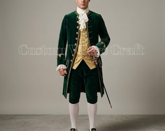 18th Century Green Velvet Colonial Suit | Georgian Frock Coat | Gold Waistcoat & Breeches | Historical Reenactment Outfit | Tricorn hat