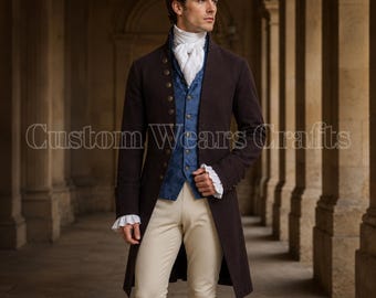 Regency-slipjas-outfit heren | Bruine wollen jas | Blauwe hemdrijbroek | Historisch kostuum | Georgische re-enactment trouwkleding