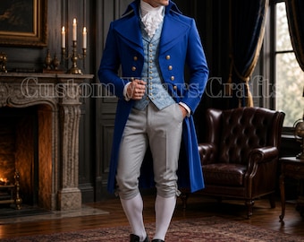Regency blauwe slipjas herenkostuum | 18e-eeuwse koloniale geklede jas | Historisch re-enactmentjack | Op maat gemaakt