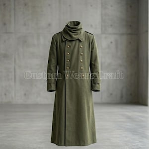 May include: An olive green military-style coat with a high collar and double-breasted design. The long coat features gold-colored buttons and a tailored fit. The text "Custom Wears Craft" is visible on the coat.