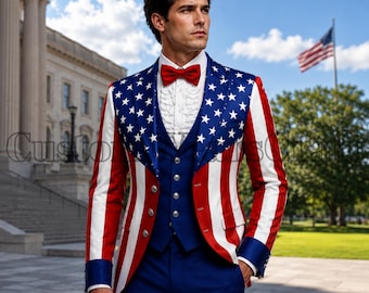 Men’s USA Patriotic Tailcoat Suit 4th of July | Costume American Flag Red White Blue Jacket | Independence Day Outfit Set