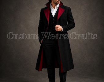 Zwarte Victoriaanse geklede jas heren | Gotische overjas met rode voering |Steampunk-rok | Historische jas Dracula-kostuum vampier