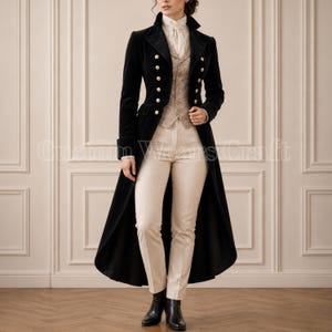 Frac da donna in velluto nero stile Regency / Cappotto da equitazione vittoriano / Giacca storica / Completo formale steampunk in stile smoking