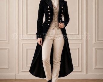 Black Velvet Regency-slipjas dames | Victoriaanse paardrijjas | Historisch jack | Formele smoking-outfit voor steampunk