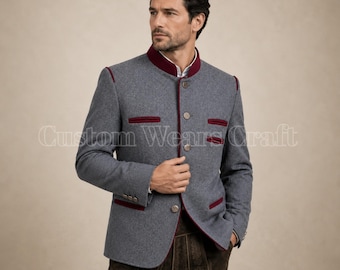 Men's Bavarian Trachten Jacket Grey Burgundy | Traditional German Loden Blazer | Oktoberfest Coat | Alpine Wedding Wear