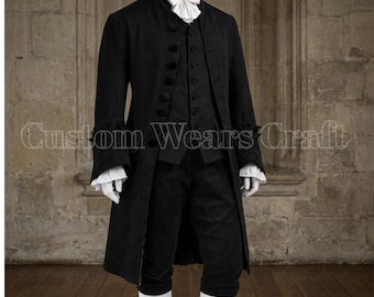 18th Century Georgian Gentleman Suit |  Black Wool Coat | Breeches Colonial Costume | Victorian Tailcoat | Historical Reenactment Outfit