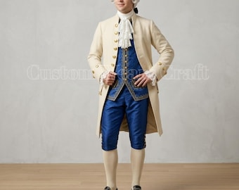 18th Century Colonial Gentleman Suit | Cream Georgian Frock Coat | Blue embroidered Waistcoat & Breeches Historical Costume with Tricorn hat