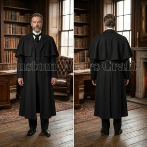 May include: A black wool coat with a cape, vest, and trousers. The coat has a long, flowing design and is worn with a white collared shirt and black tie. The image shows the front and back of the coat.