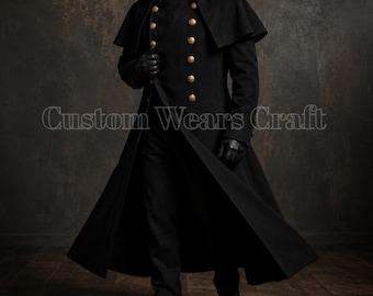 Zwarte rode Redingote-jas heren | Militaire overjas van Napoleon | Gotische Victoriaanse overjas | Capejas met dubbele rij knopen