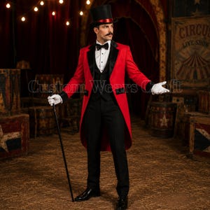 May include: A ringmaster costume featuring a vibrant red tailcoat with black lapels, a black waistcoat, a white button-down shirt, and black trousers. The ensemble includes a black top hat with a red band, white gloves, and a black walking cane.