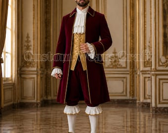 Men's Renaissance Burgundy Velvet With Trim Noble Costume | Royal Baron Outfit | Medieval LARP Suit | Historical Aristocrat Cosplay Set