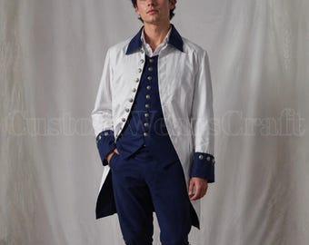 Men’s Spanish Officer Revolutionary War Costume | Colonial Military White Tailcoat Uniform with Blue Vest & Breeches