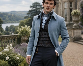 Luke Thompson Benedict Bridgerton Blue Wool Tailcoat for Men | Regency Era Victorian Coat | Formal Wedding Outfit